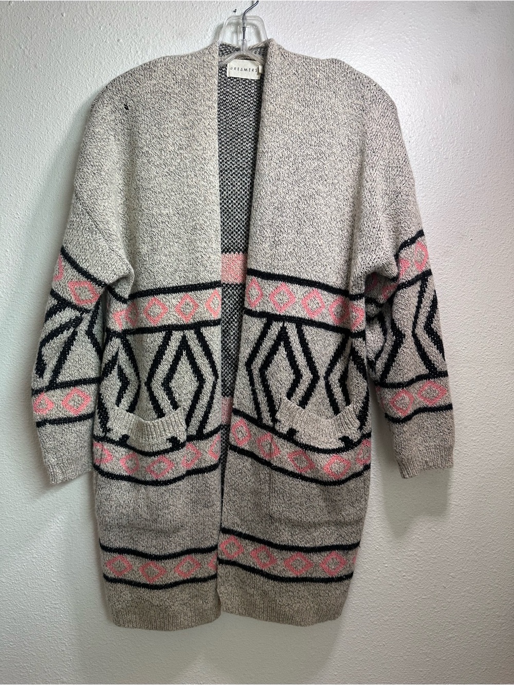 Dreamers Gray Open-Front Cardigan with Pink & Black Geometric Pattern Small